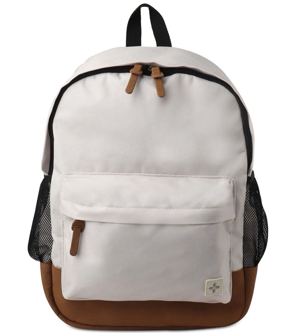 SUN + STONE White Tan Backpack Colorblock Canvas School Laptop Bookbag RILEY